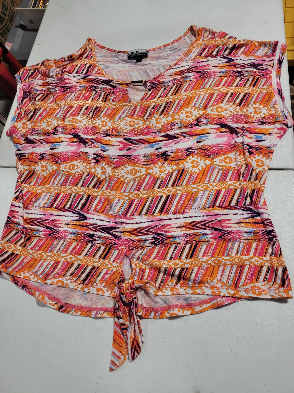Allison Brittney Pink Orange Patterned Tie-Front Women's Top